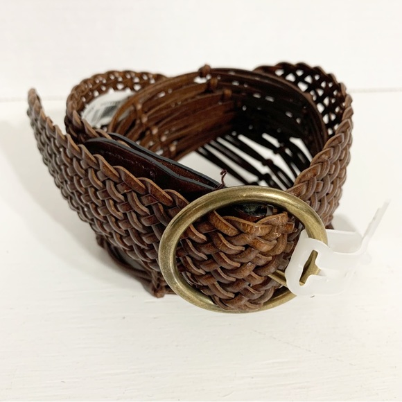 LOFT Accessories - NWT Ann Taylof LOFT Boho Wide Vegan Bond Leather Woven Belt Round Brass Buckle